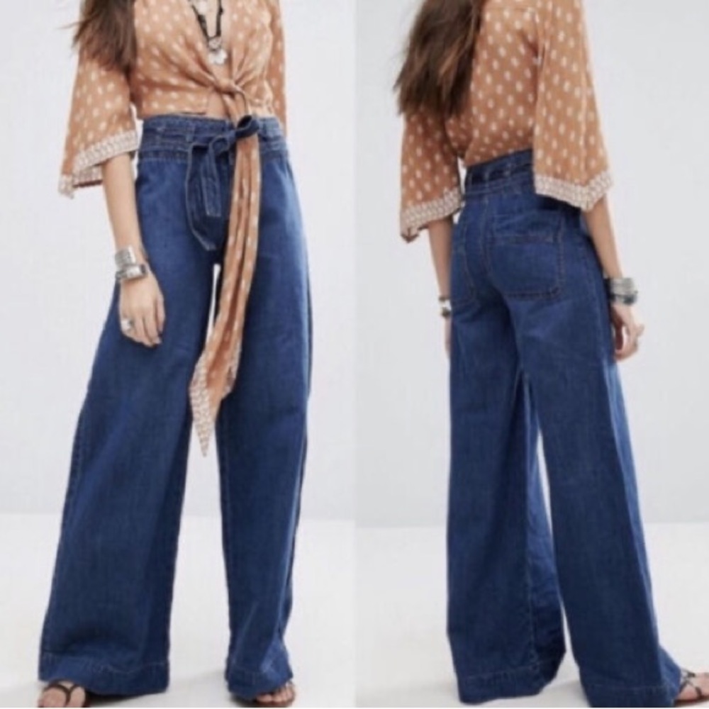 Free People Augusta High Rise Belted Wide Leg Jeans  Womens 29